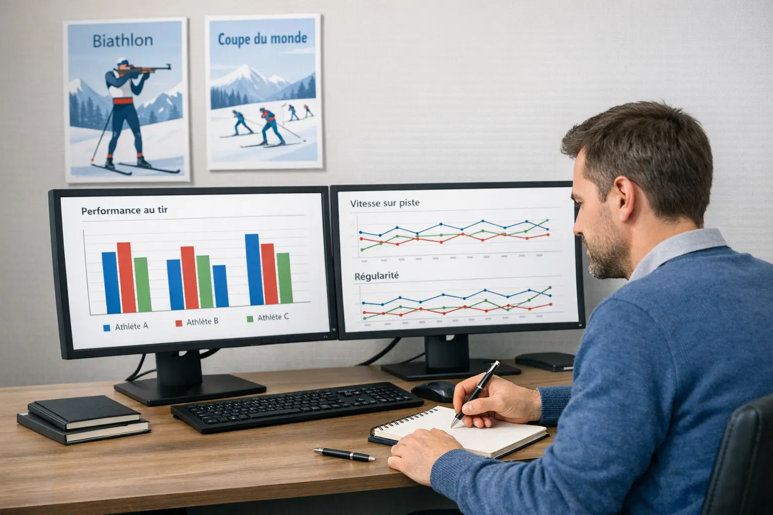 Analyste sportif étudiant les statistiques de performance des biathlètes