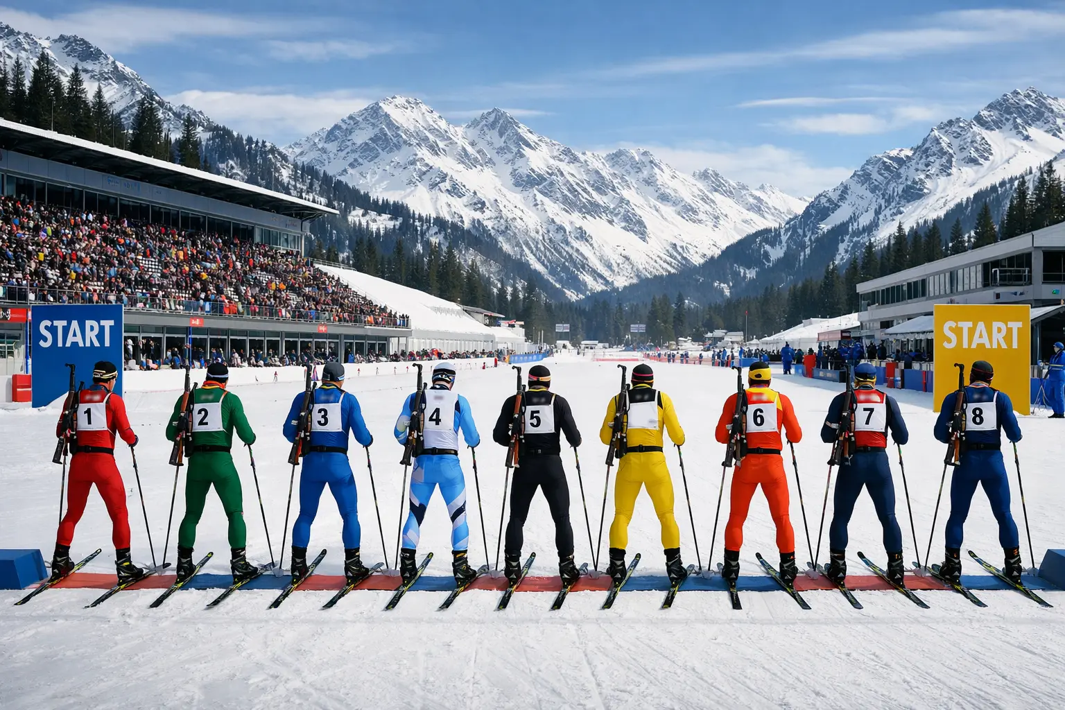 Peloton de biathlètes lors d'un mass-start en Coupe du Monde