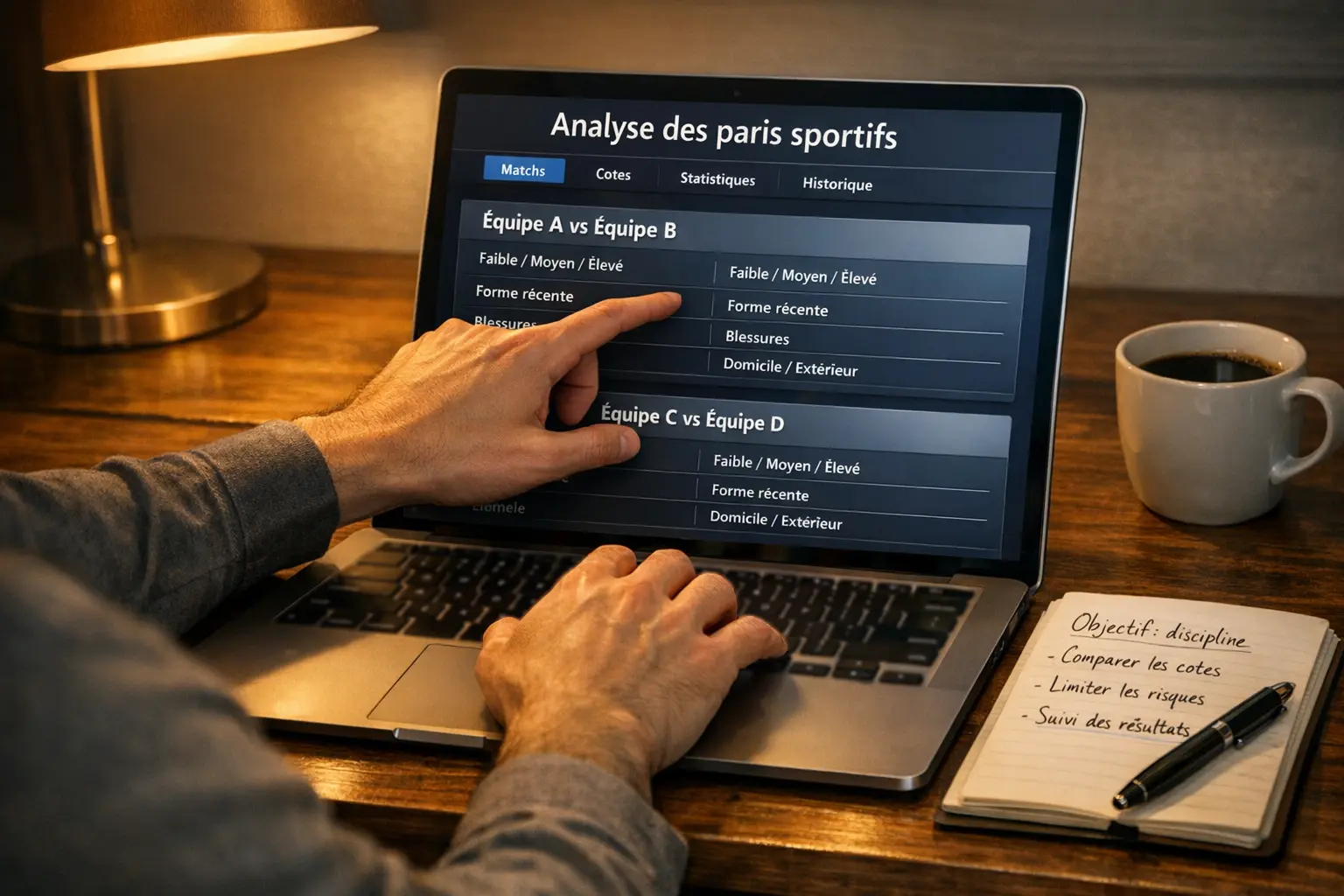Écran d'ordinateur affichant des cotes de paris sportifs avec un carnet de notes