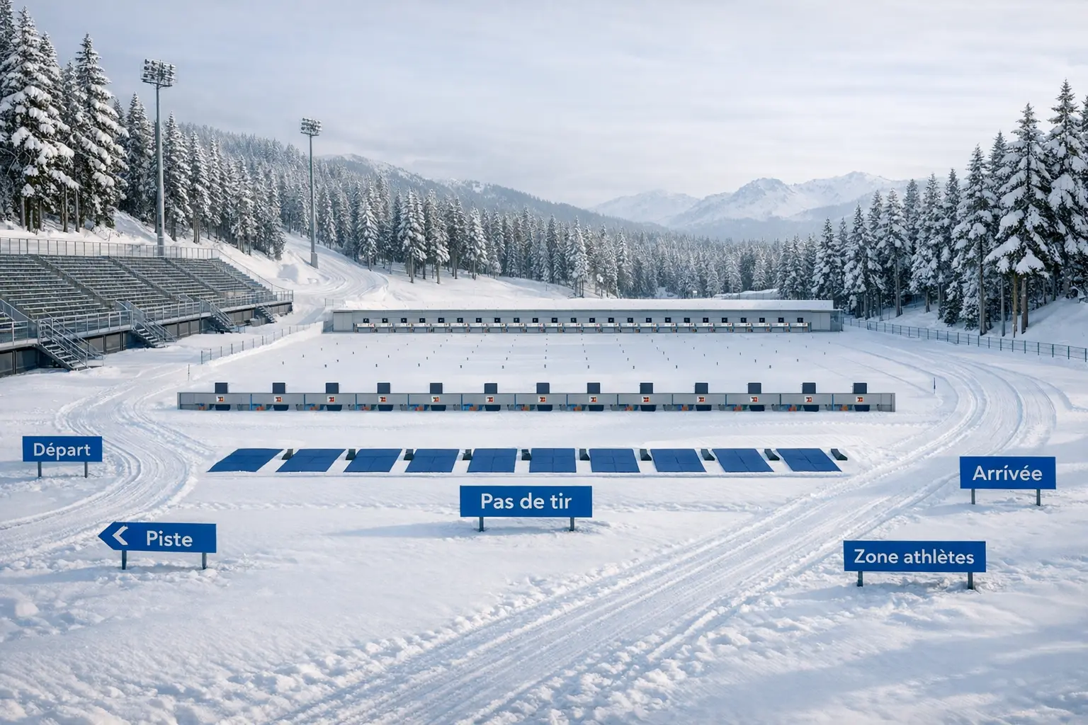 Stade de biathlon enneigé avec piste de ski et pas de tir vue panoramique