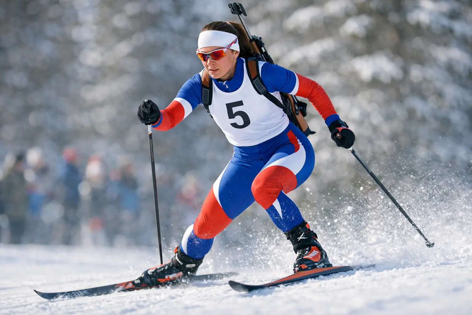 Biathlète française Lou Jeanmonnot en plein effort sur les skis dans la neige
