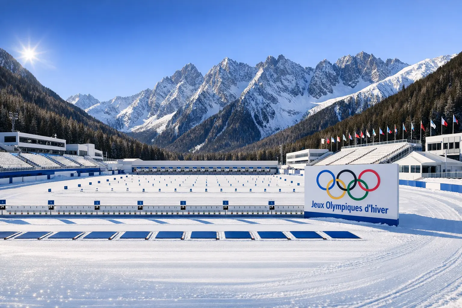 Stade olympique de biathlon d'Antholz-Anterselva avec les anneaux olympiques